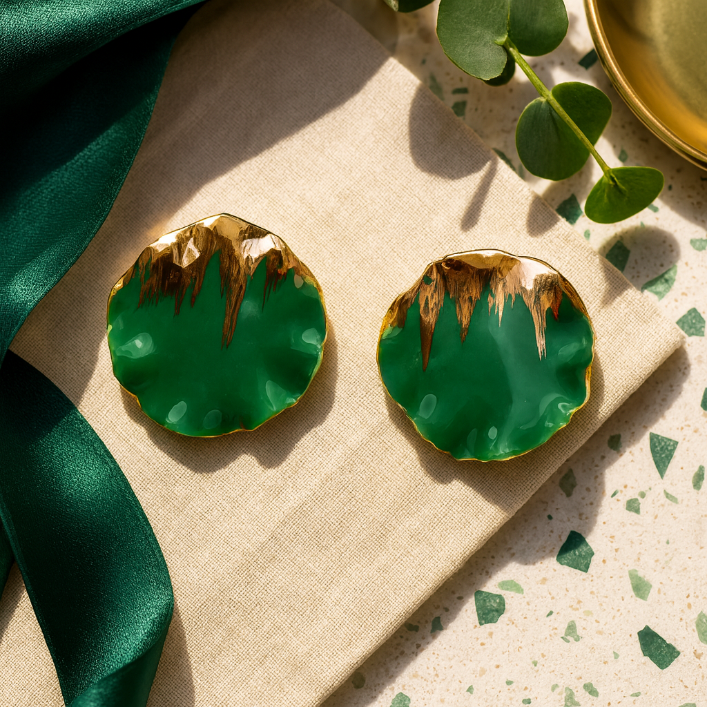 Green and gold rounded earrings on a textured surface with green fabric and leaves.