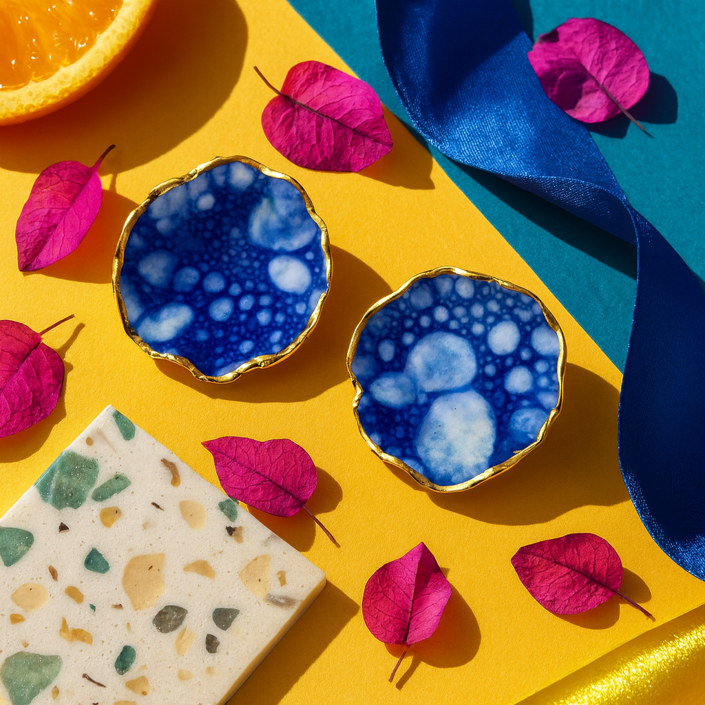 Pair of round earrings with a blue and white marbled design and a gold border on a colorful background.