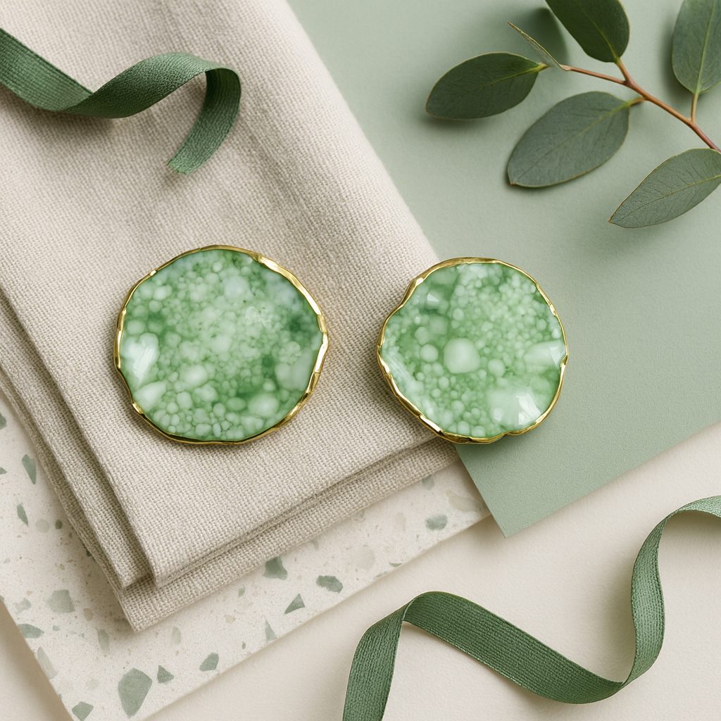 Pair of green marbled earrings with gold edges on a textured surface with green leaves.