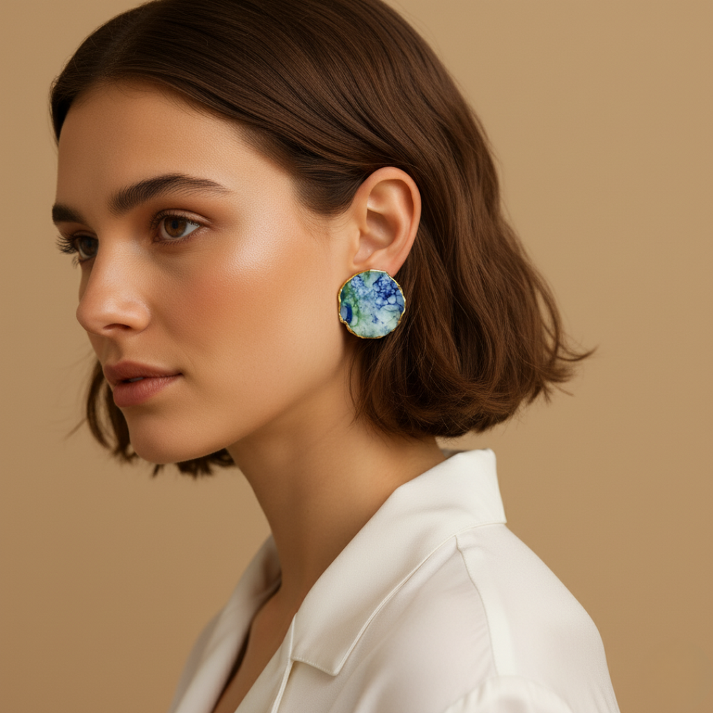 Woman wearing colorful earrings against a beige background.