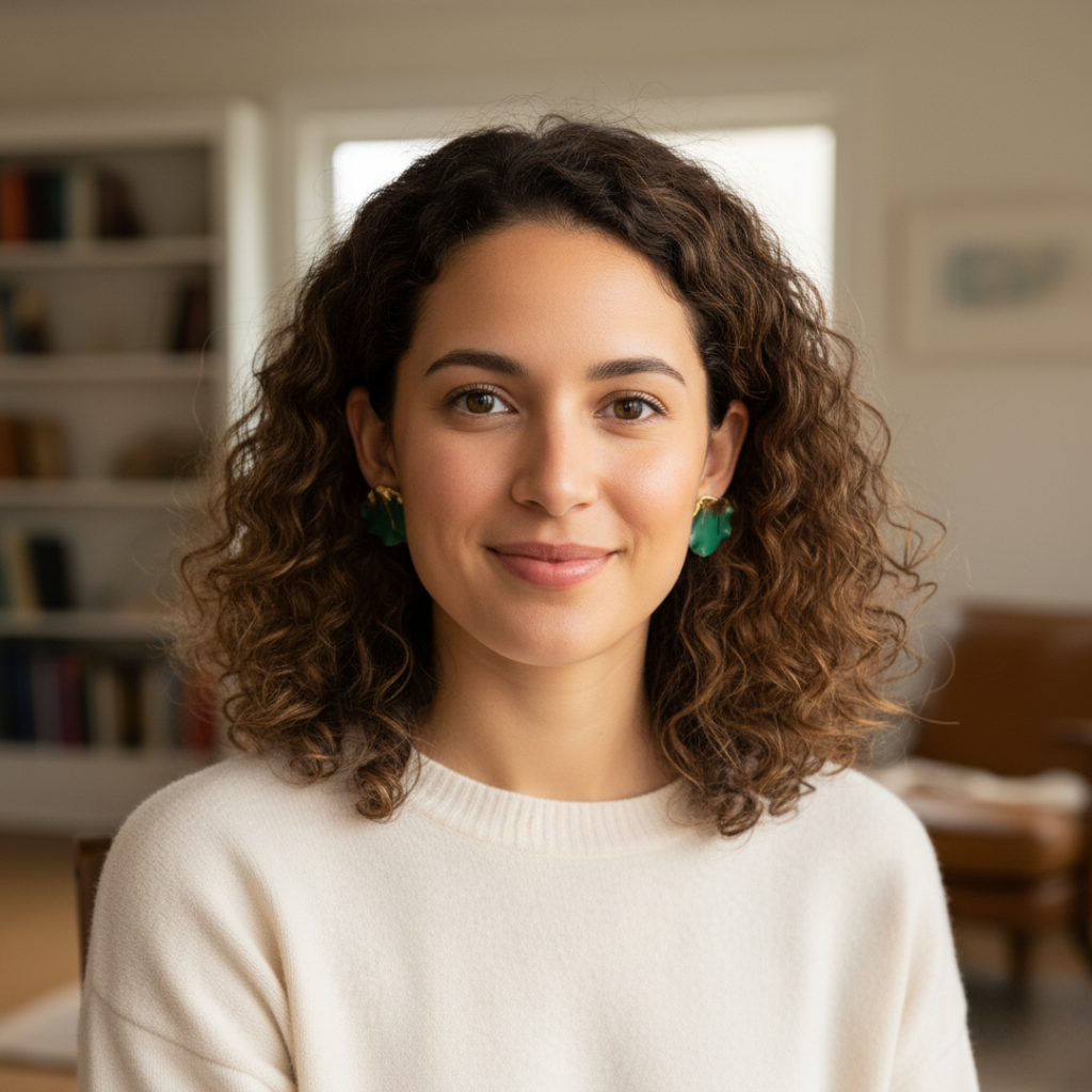 Woman with curly hair wearing green porcelain earrings.