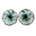 Pair of earrings with a green and gold design on a white background
