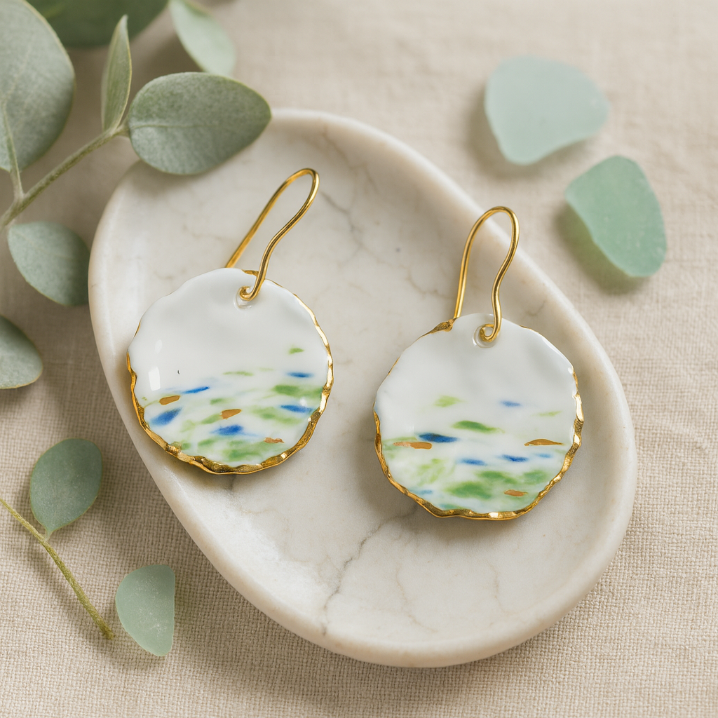Pair of white, green, and blue earrings with gold details on a marble dish with green leaves in the background