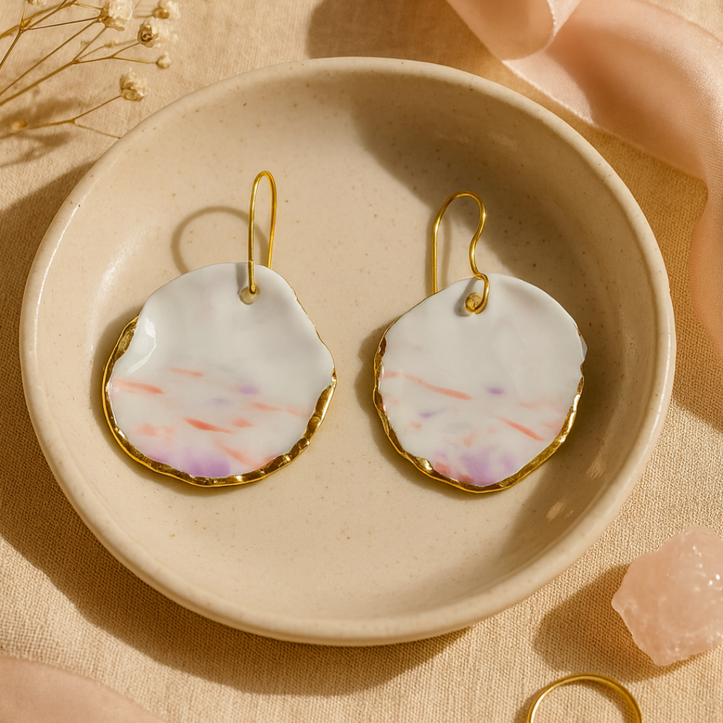 Pair of earrings with gold hooks and colorful circular designs on a beige dish.