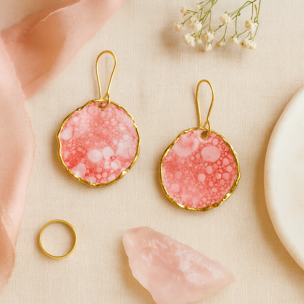 Pink marbled earrings with gold frames on a beige surface.