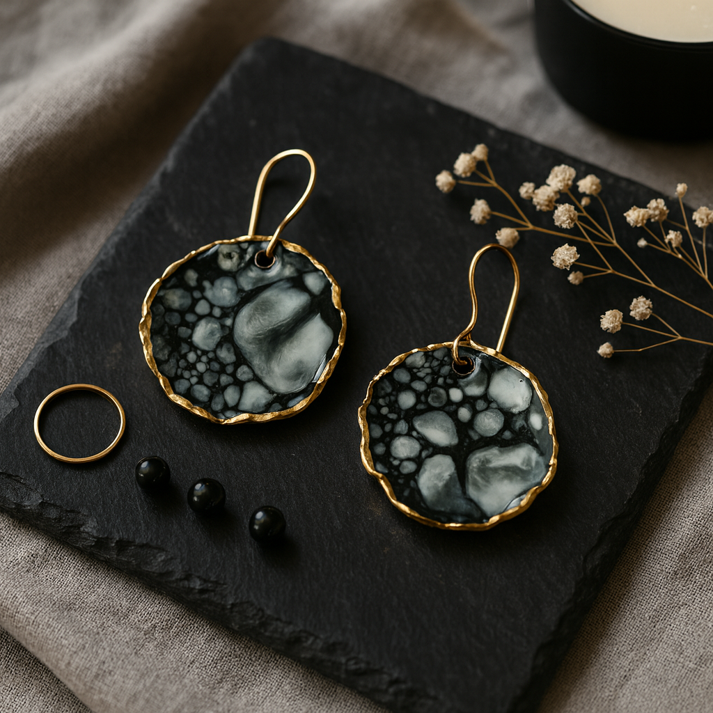 Black and white earrings on a black slate surface.