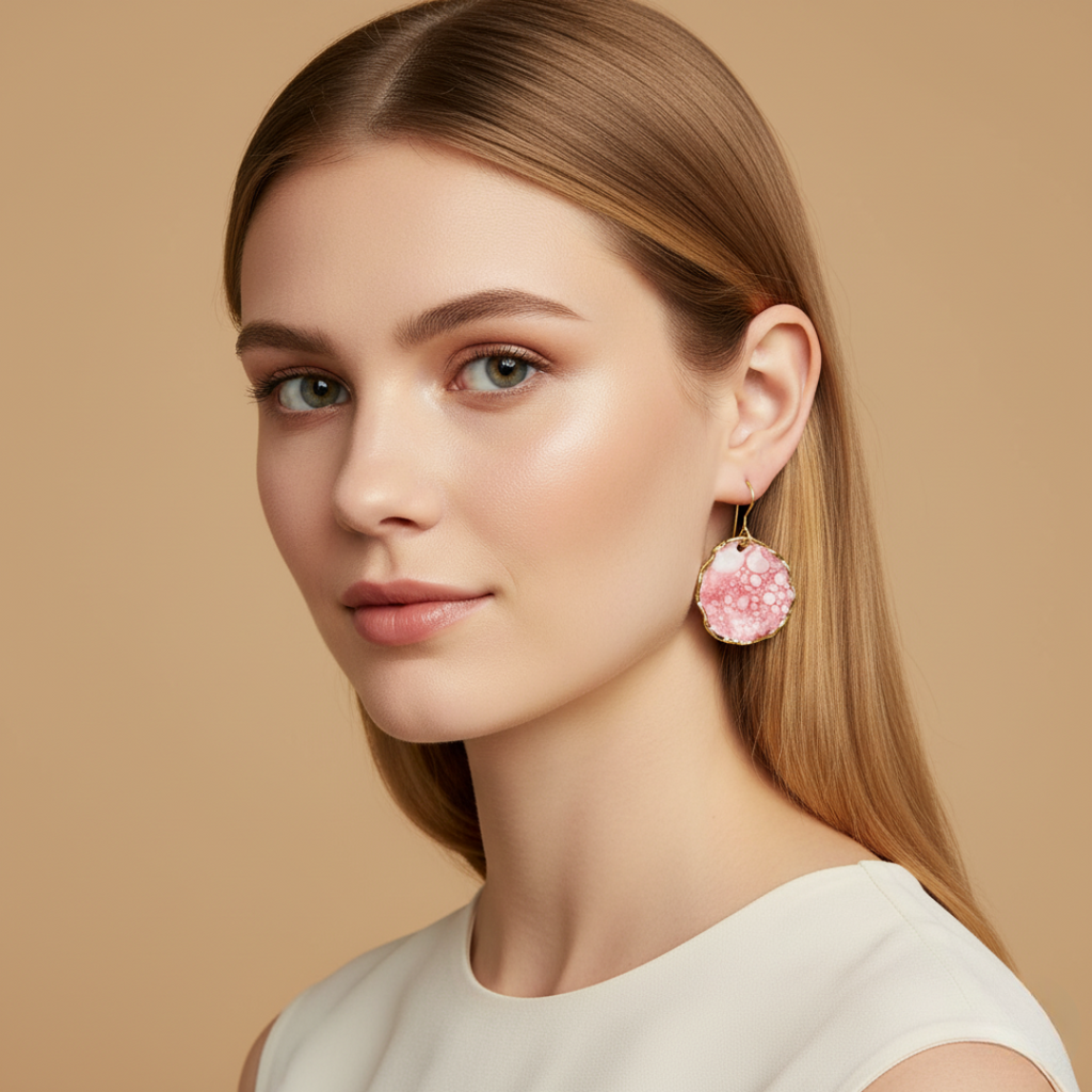 Woman wearing a pair of pink earrings with a marbled design against a beige background