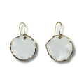 Pair of white earrings with gold rims on a white background