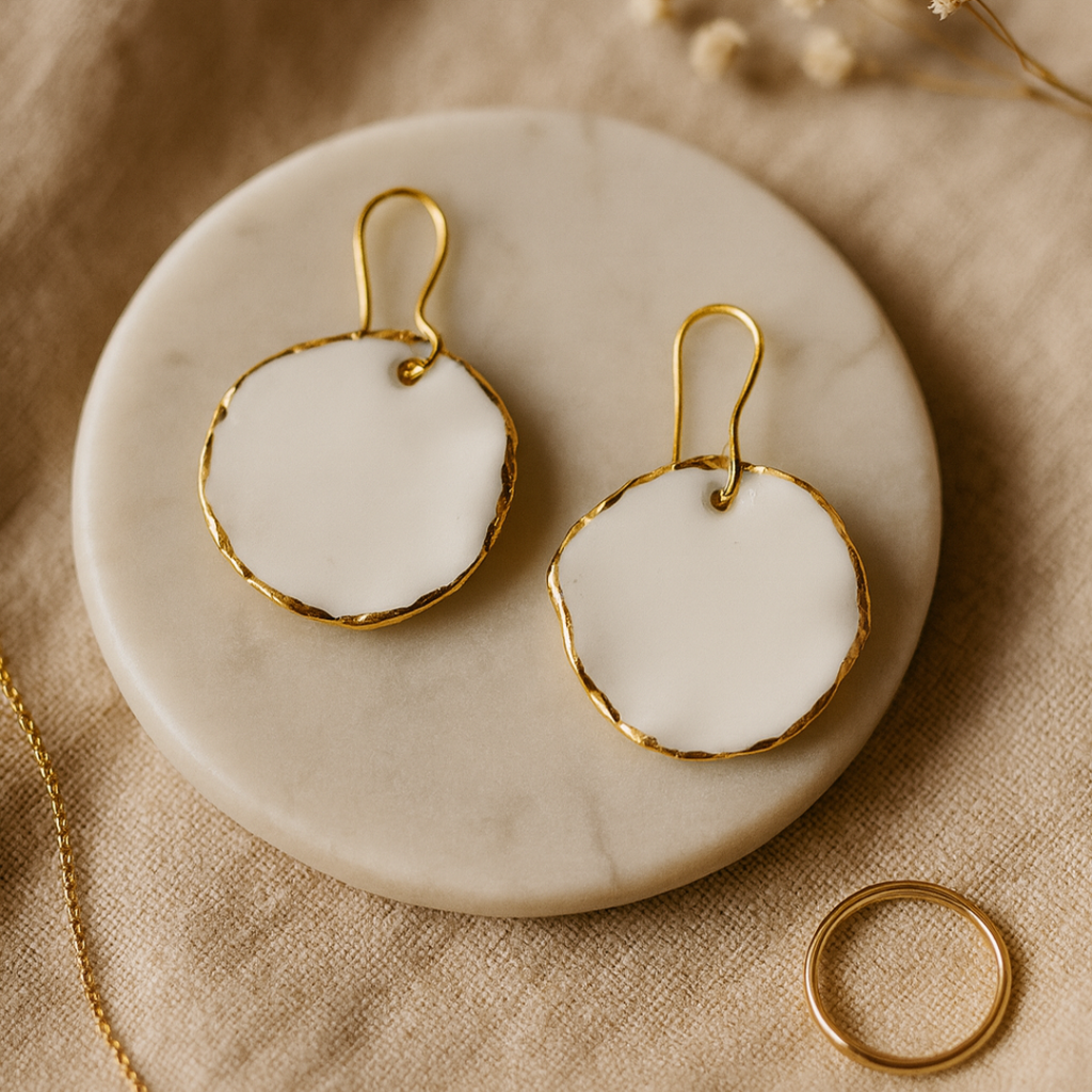 Gold-framed white circular earrings on a marble coaster with a beige fabric background.