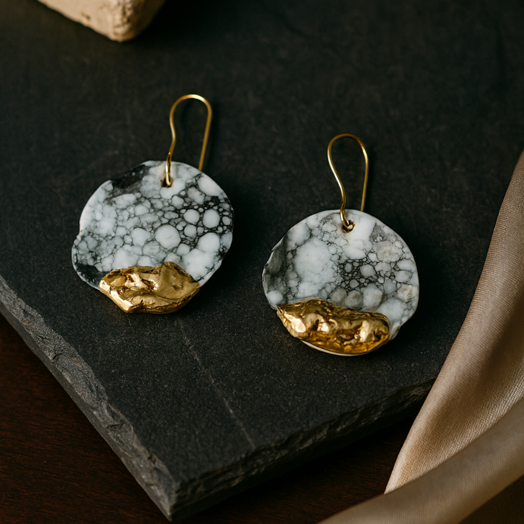 Black and white earrings with gold accents on a dark stone surface