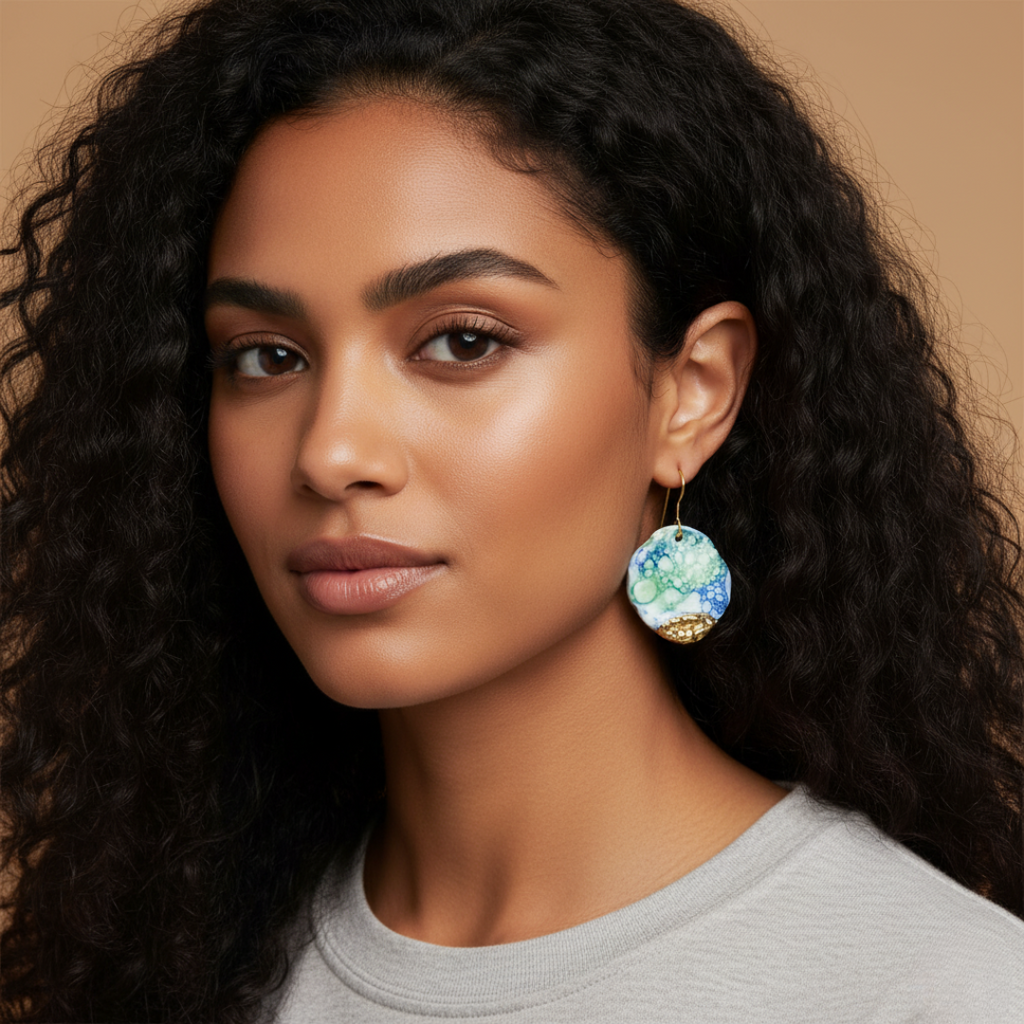 A woman wearing colorful earrings with a neutral background