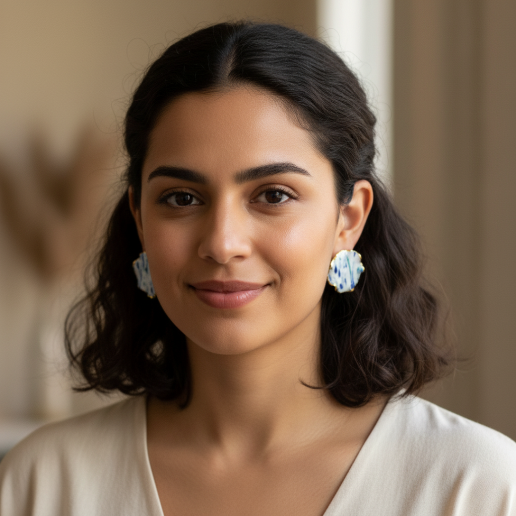 Woman wearing round earrings with a blue and white pattern on a neutral background
