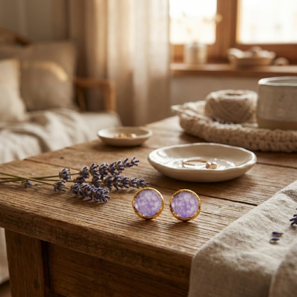 Cercei mici din porțelan, model disc, decorați cu aur coloidal 24k