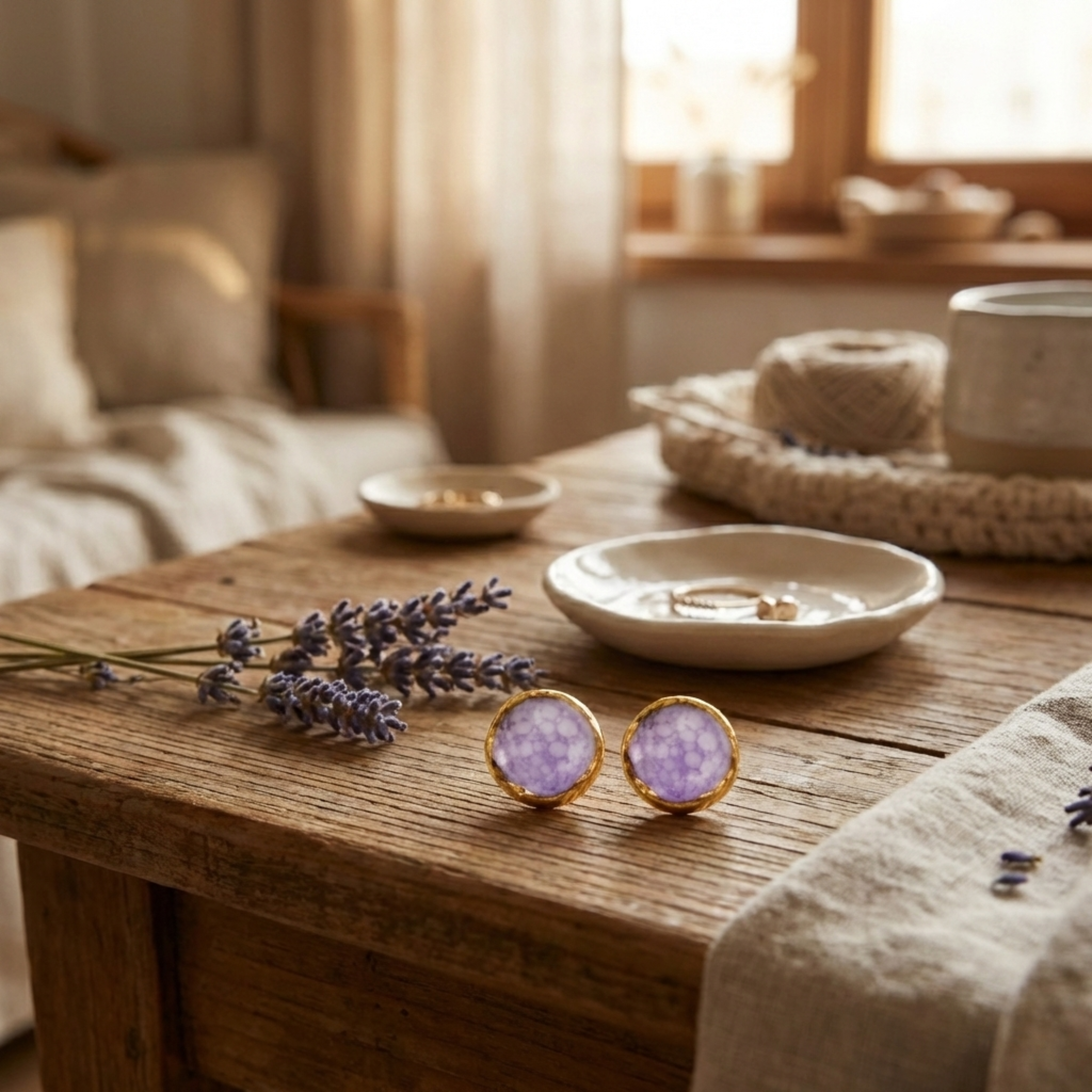 Cercei mici din porțelan, model disc, decorați cu aur coloidal 24k