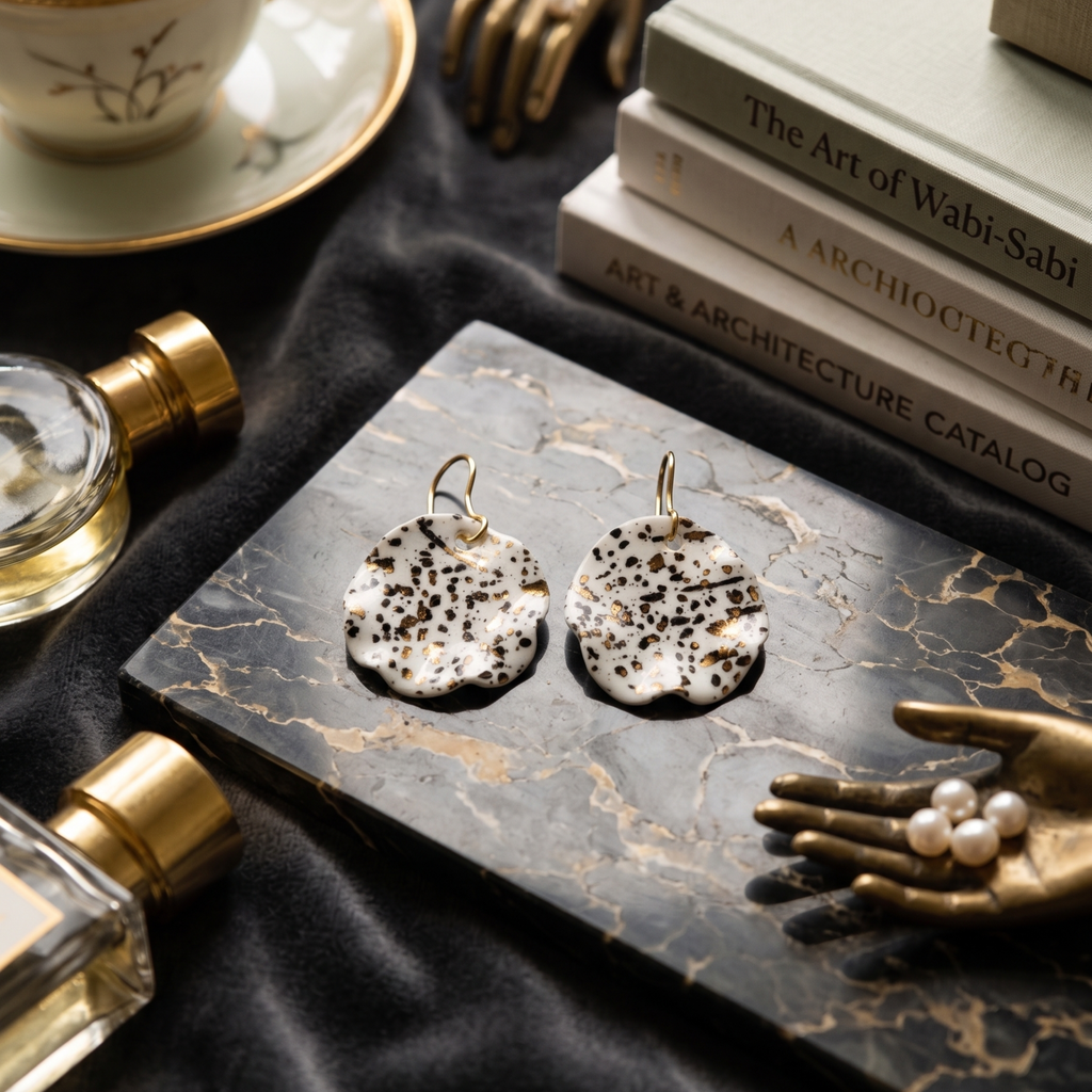 Cercei medii din porțelan, model disc, decorați cu aur coloidal 24k sau platină