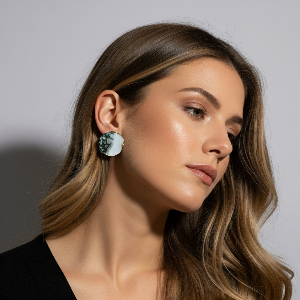 A woman wearing a pair of earrings with a black, white, and gold design on a textured beige surface.