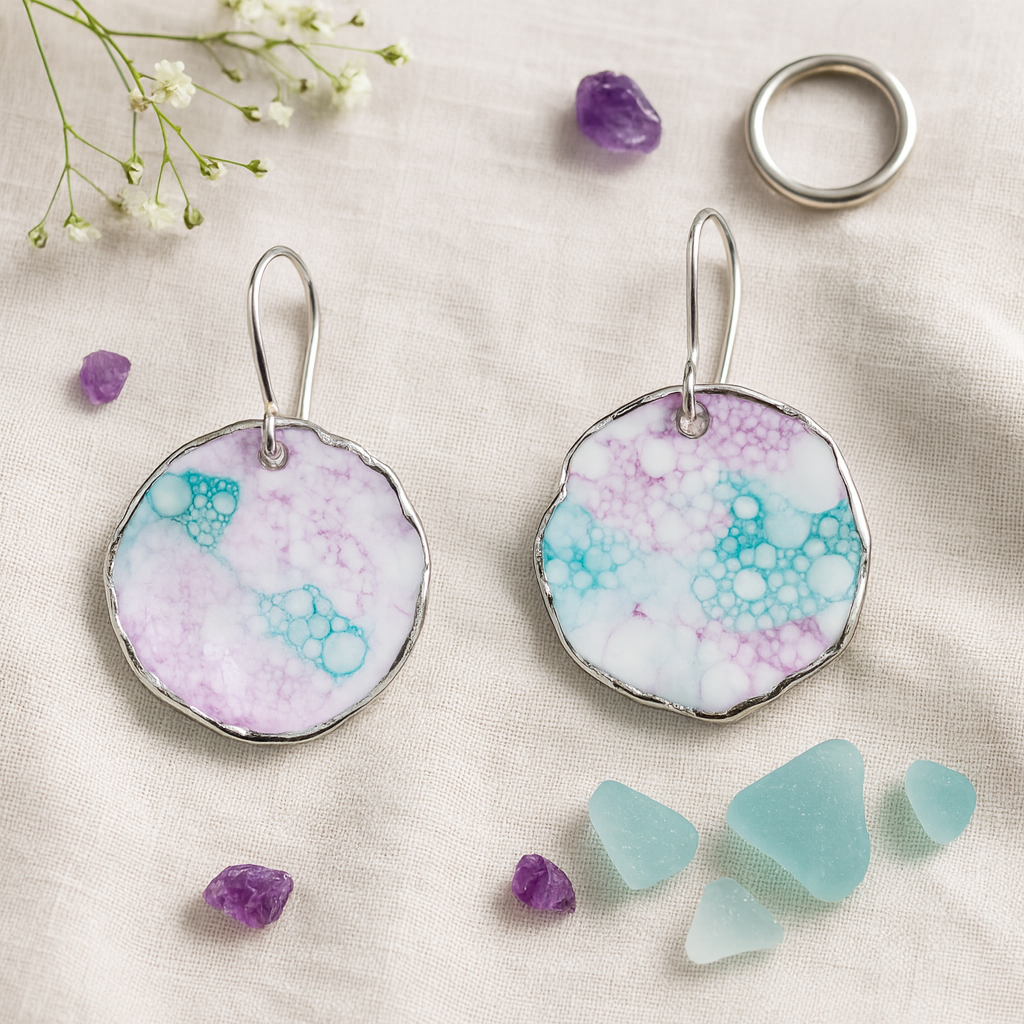 Pair of turquoise and purple earrings with a marbled design on a beige fabric background with amethysts and sea glass.