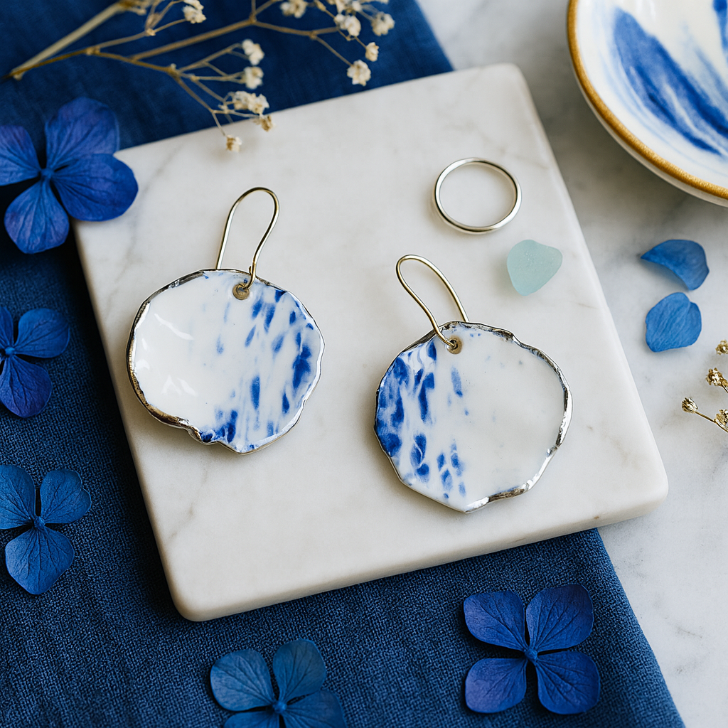 Pair of earrings with a blue and white design on a marble surface with blue flowers.