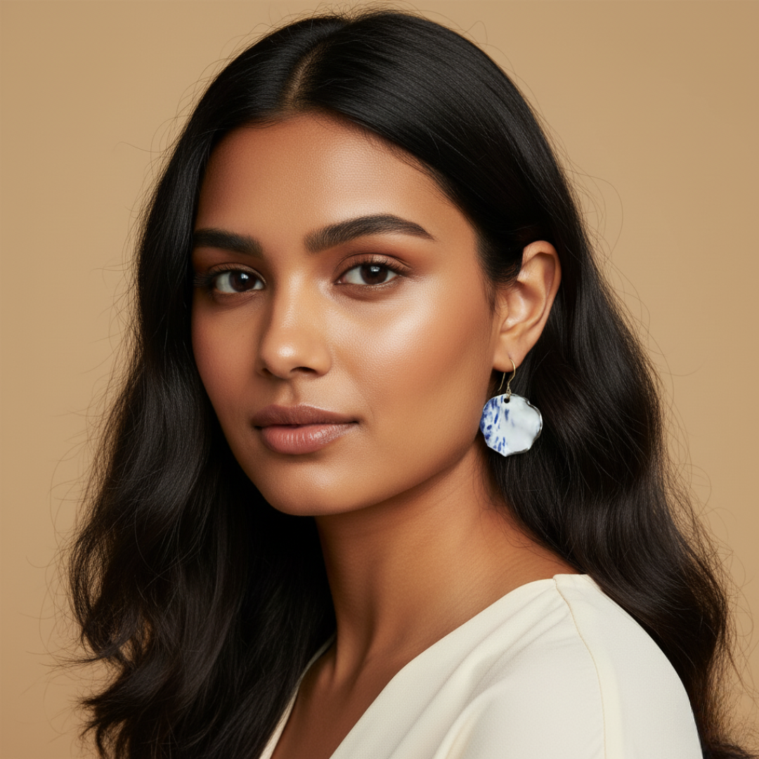 Woman wearing a pair of earrings with a blue and white design against a beige background