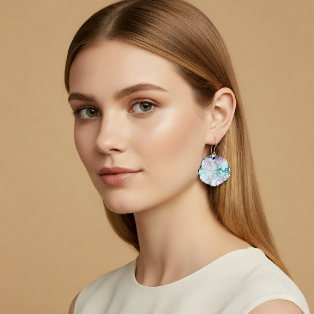 Woman wearing a pair of turquoise and purple earrings with a marbled design against a beige background