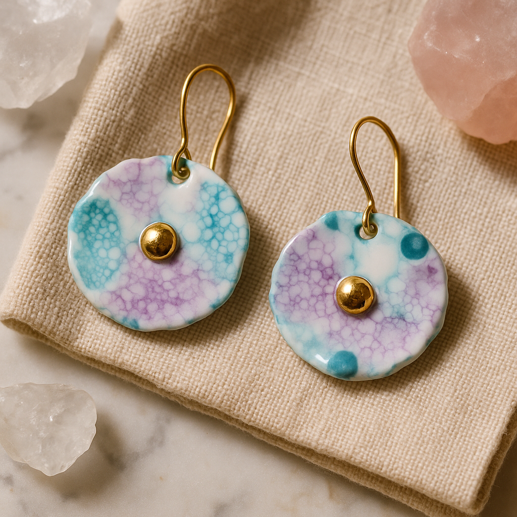 Pair of earrings with marbled design and gold accents on a beige fabric background.