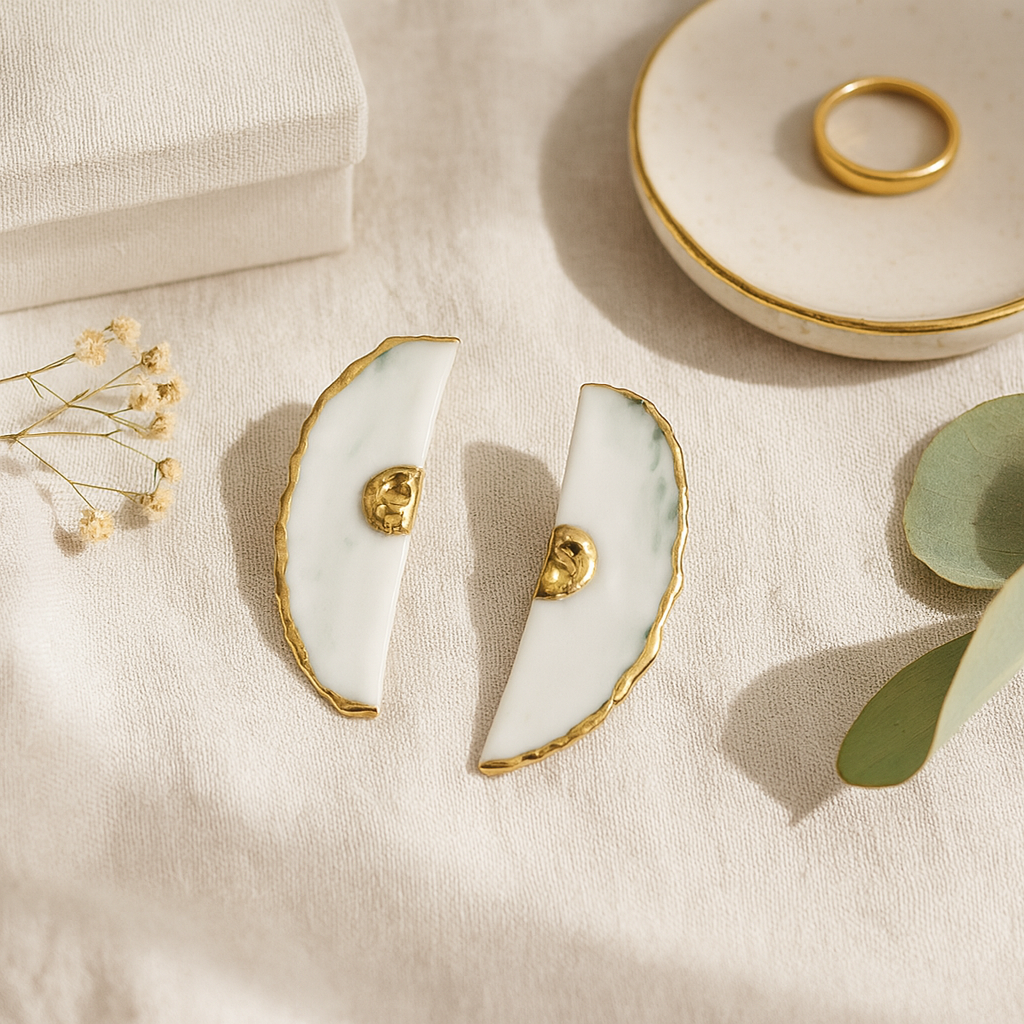 Pair of gold and white earrings on a beige surface with a small dish and ring in the background.