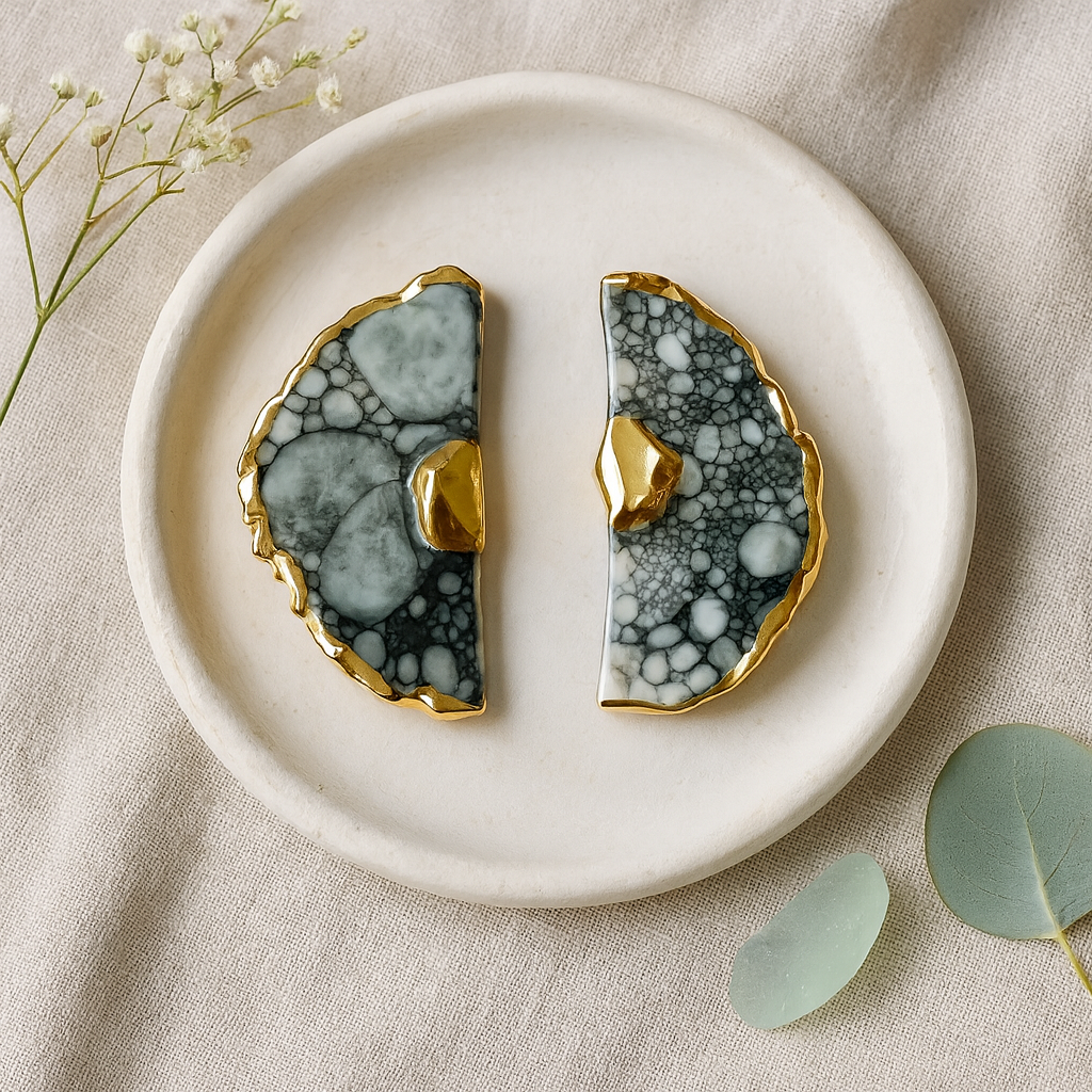 Pair of black and white earrings with gold accents on a beige plate, surrounded by greenery.