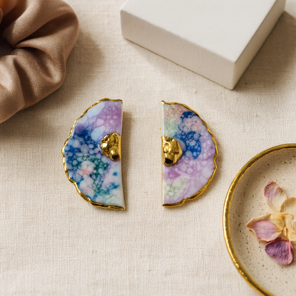 Multicolored earrings with gold accents on a beige surface