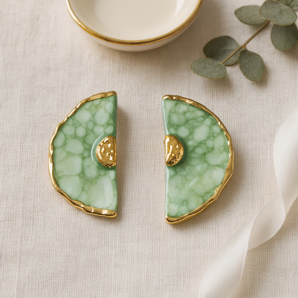 Pair of green porcelain earrings with gold accents on a beige surface