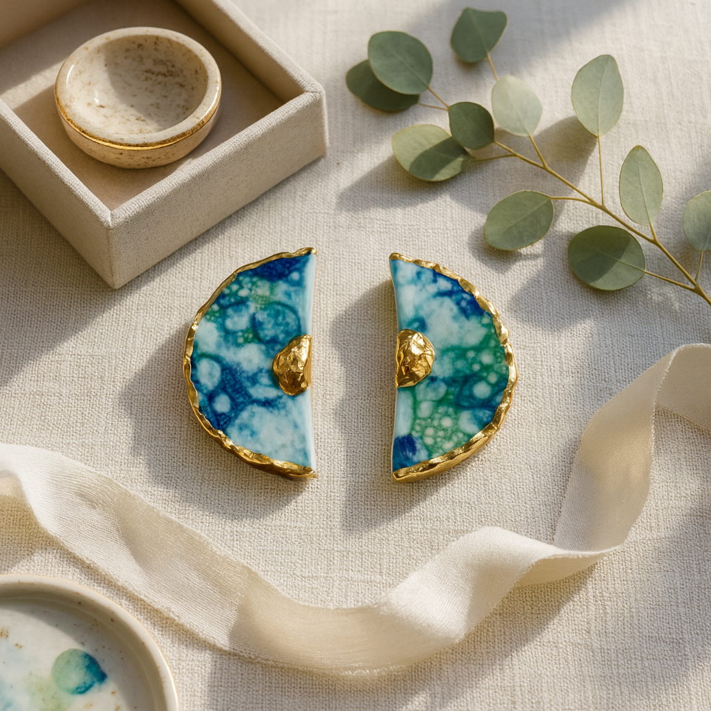 Pair of blue, green, and gold earrings on a textured surface with green leaves and a beige box.