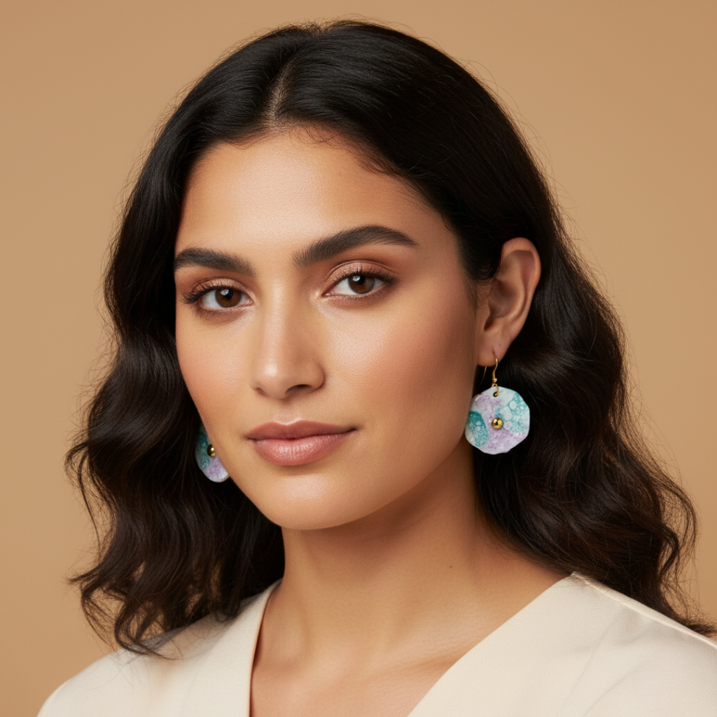 Woman wearing colorful earrings against a beige background