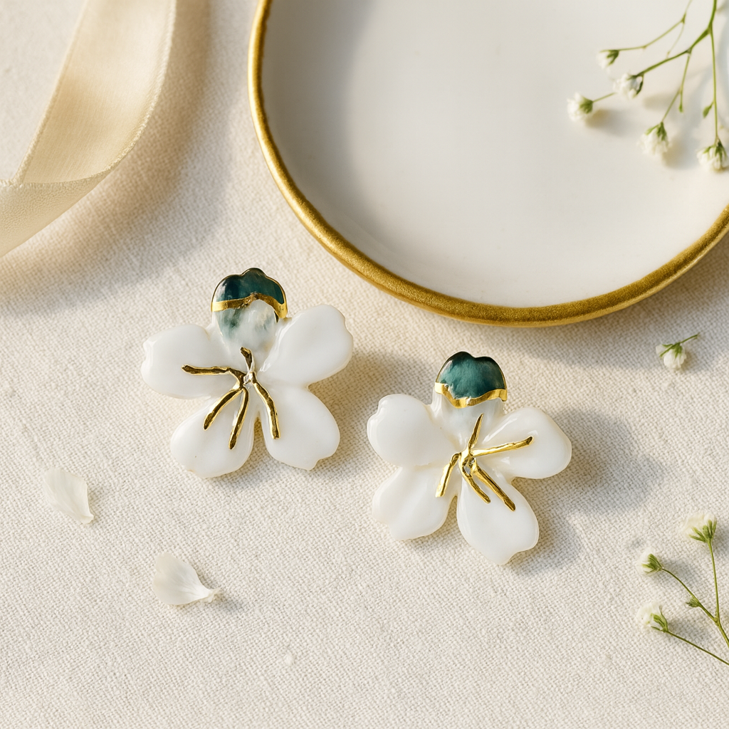 Pair of floral earrings with gold accents on a neutral background