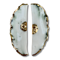 Flower-shaped earrings with gold accents on a white background.