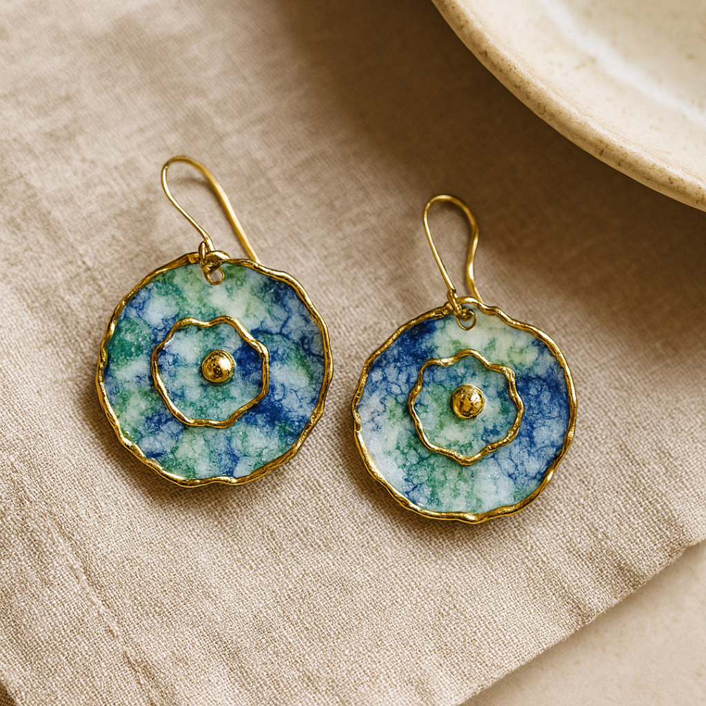 Pair of earrings with a blue and green floral design on a beige fabric background
