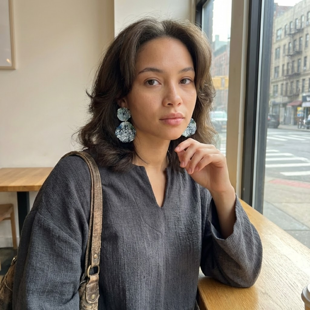 Cercei lungi din porțelan, model floare, decorați cu platină