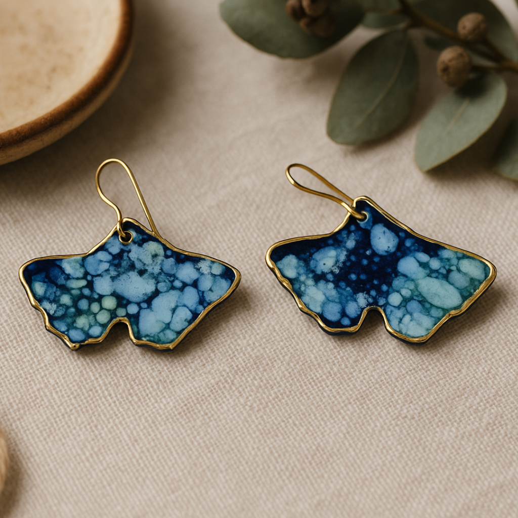 Blue, green and gold earrings on a beige surface with green leaves in the background