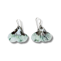 Pair of platinum ginkgo earrings with green accents on a white background