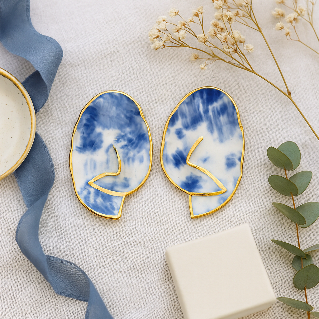 Pair of blue and white earrings with gold accents on a light fabric background with decorative elements.