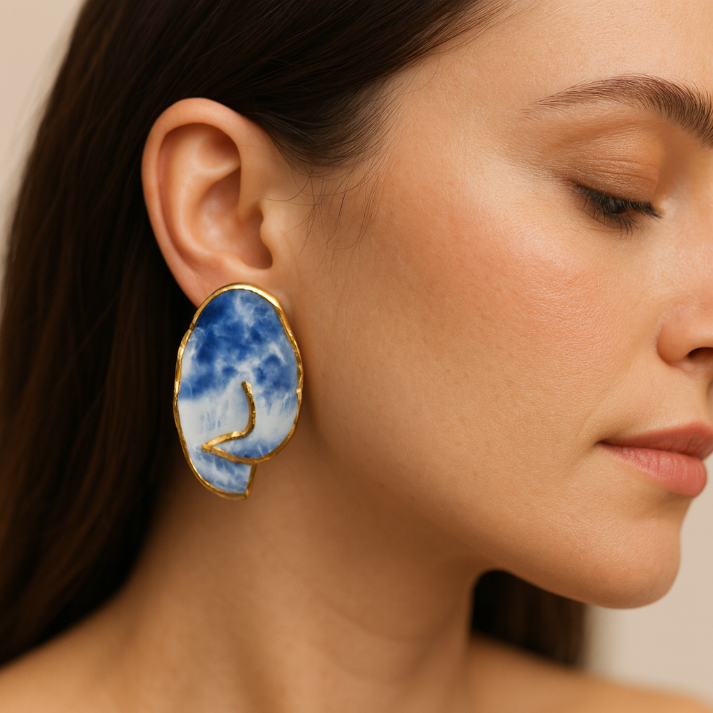 Close-up of a woman wearing white and blue earrings with gold details.