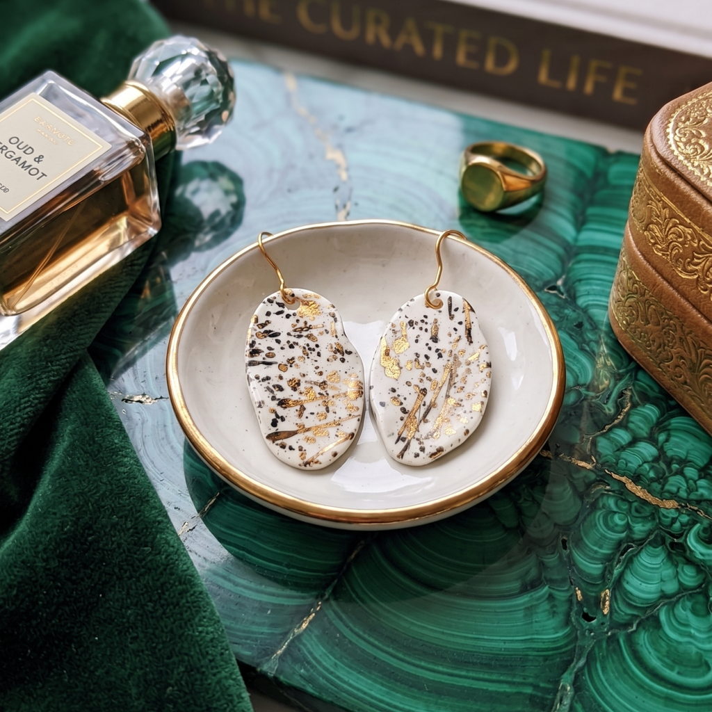 Cercei medii din porțelan, model oval, decorați cu aur coloidal 24k sau platină