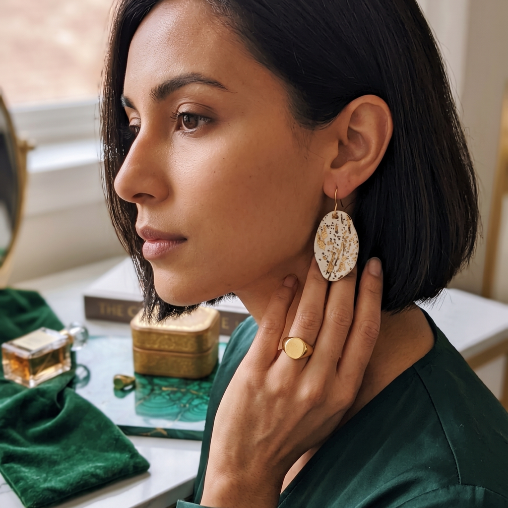 Cercei medii din porțelan, model oval, decorați cu aur coloidal 24k sau platină
