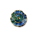 Blue and green flower-shaped ring and gold trim on a white background