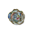 Flower-shaped ring with gold rim and multicolored center on a white background